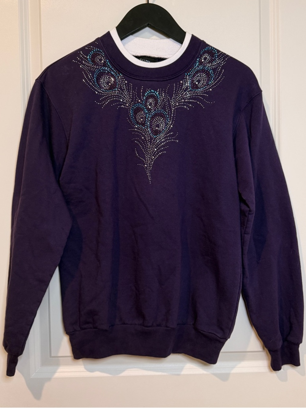 Women's Dark Purple Crewneck Sweatshirt with Rhinestone Peacock Design